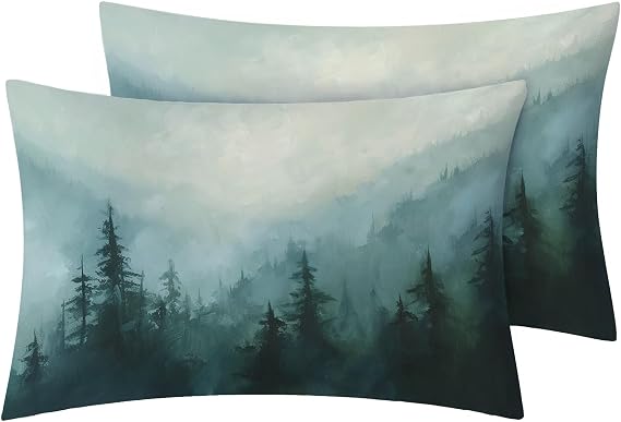 Misty Forest Duvet Cover Queen Size | Pine Tree Woodland Landscape Bedding Set | 3 Piece | Soft Microfiber Patterned Comforter Cover with Zipper Ties & 2 Pillowcases | Foggy Mountain Bedroom Decor