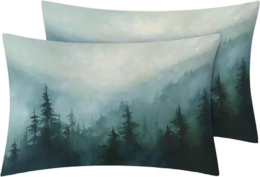Misty Forest Duvet Cover Queen Size | Pine Tree Woodland Landscape Bedding Set | 3 Piece | Soft Microfiber Patterned Comforter Cover with Zipper Ties & 2 Pillowcases | Foggy Mountain Bedroom Decor