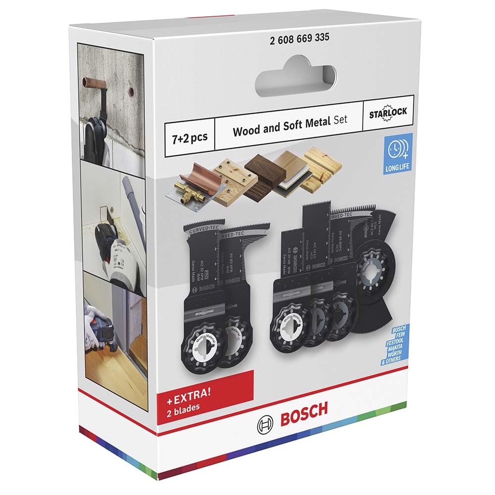 Bosch 9x Set di lame per legno e metallo tenero (per Metalli non ferrosi, Pannelli rivestiti in plastica, 134 x 104 mm, Professional Accessorio Utensile multifunzione)