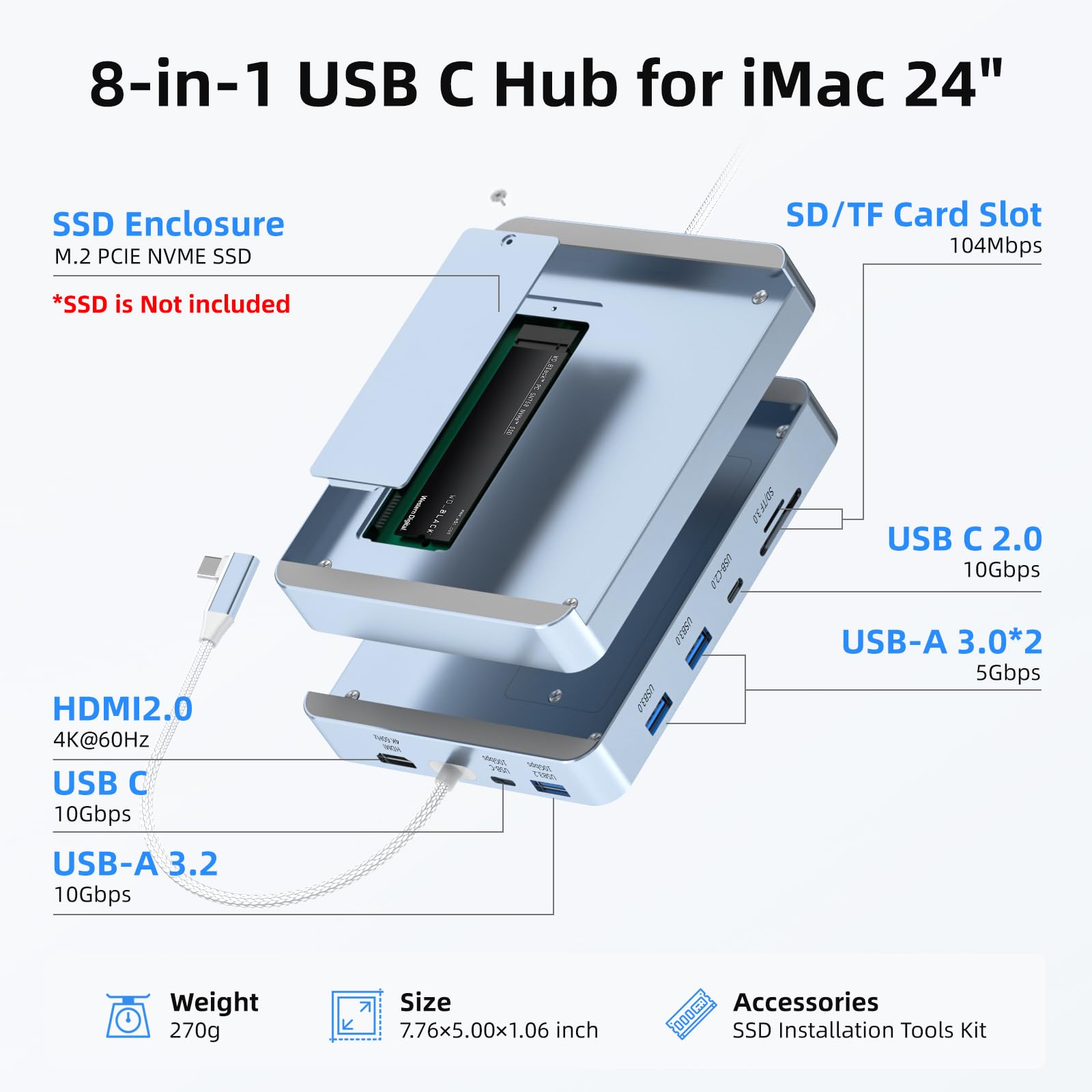 Hub USB C pour iMac 24" 2021/2023/2024, hub USB 8 en 1 pour iMac avec extension SSD M.2 (SSD non inclus), avec USB A/C 3.2 10 Gbit/s, SD/TF, station d'accueil HDMI iMacM1 M3 M4
