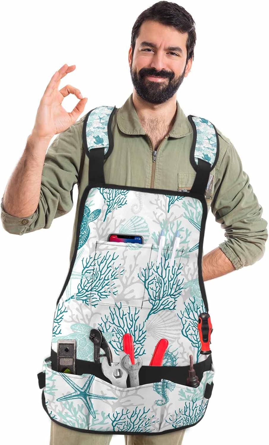 Work Apron for Men Adjustable Woodworking Apron 16 Pockets Oxford Apron Summer Turtle Coral Shell Starfish Green Tool Apron