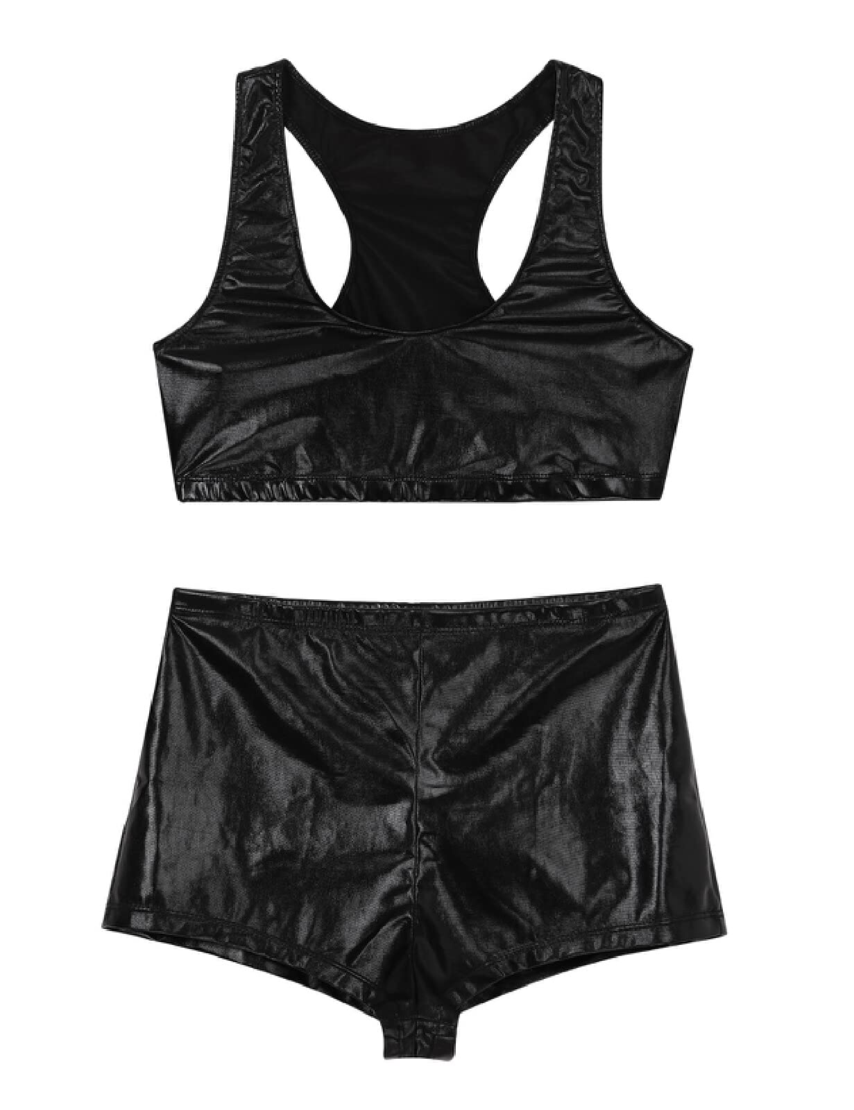 QJZM Donne Pole Dance Abbigliamento Outfit Shorts Racer Back Crop Top Metallizzato Lucido Costumi di Danza Sexy