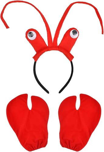 Lobster Costume Accessories Set, Red Headband with Antennae and Claw Gloves