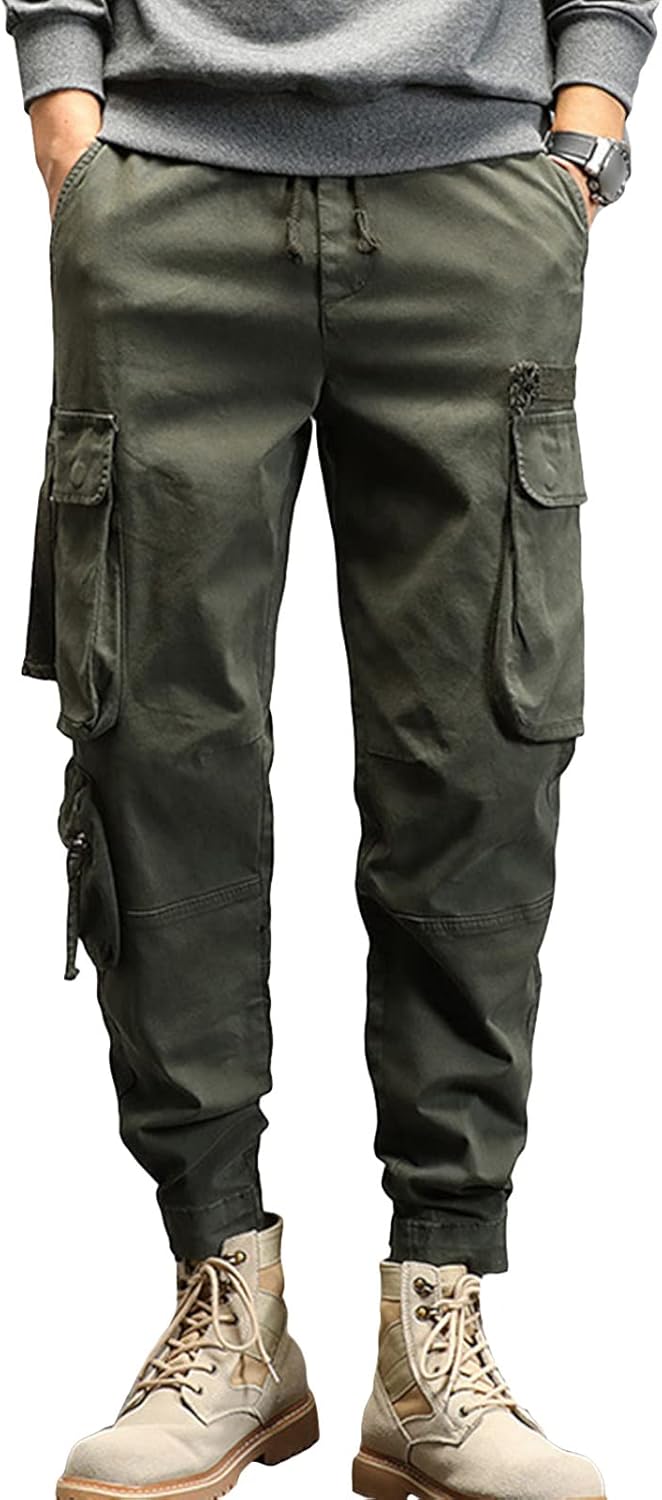 JEsilunmaMY Men's Multi-Pocket Slacks Elastic Waist Casual Loose Cotton Cargo Pants Athletic Workout Running Lounge Pants