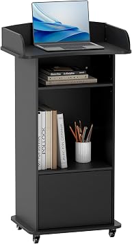 Portable Podium Stand with Wheels, Mobile Wood Lecterns with Adjustable Storage Shelf, Rolling Church Pulpits, Host Stand for Office Conference SchoolBlack