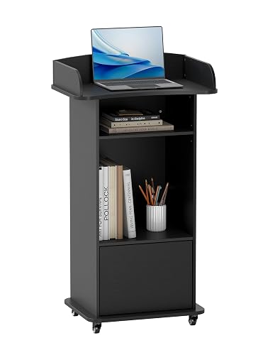 Portable Podium Stand with Wheels, Mobile Wood Lecterns with Adjustable