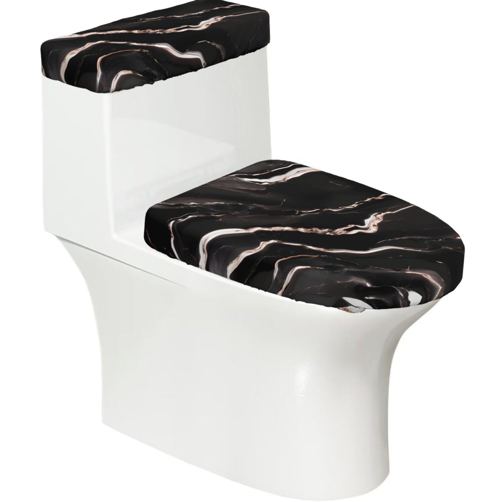 Black Rose Gold Marble Printed Toilet Tank and Lid Cover Set of 2 for Most Bathrooms, Fits Elongated Round Toilets