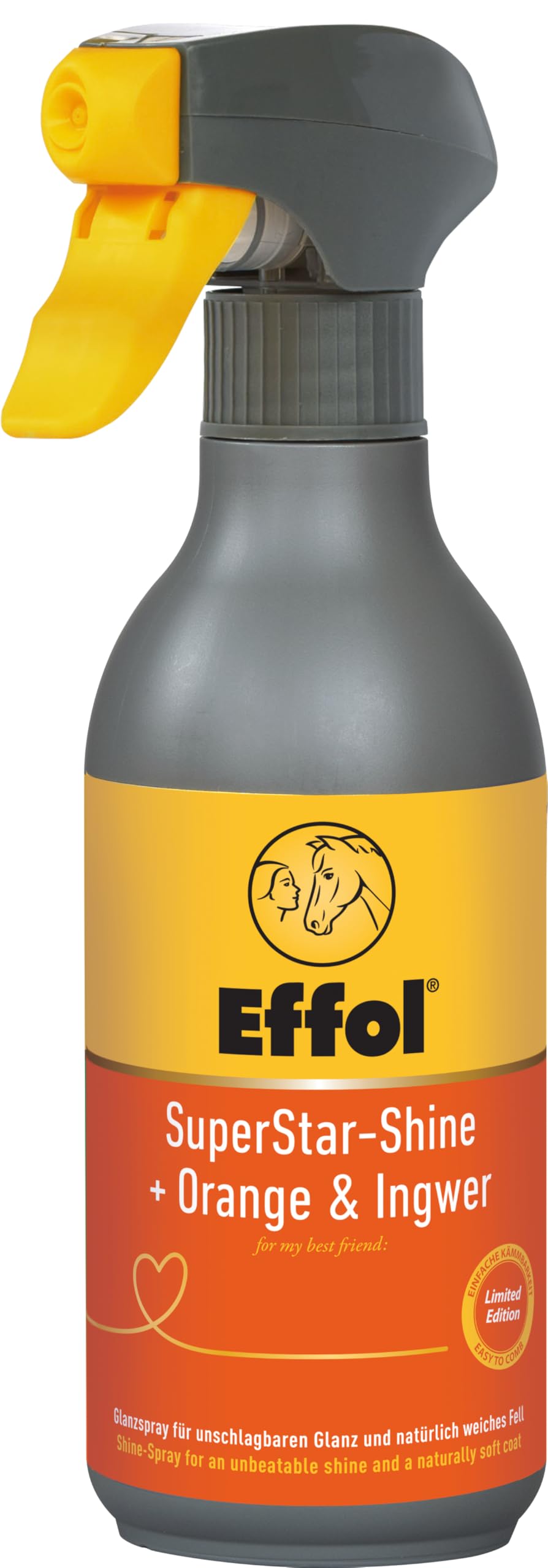 Effol Superstar-Shine Orange & Ingwer – Glanzspray für Pferde | Mähne & Schweif entwirren, Fellglanz | Dermatologisch sehr gut | 750 ml