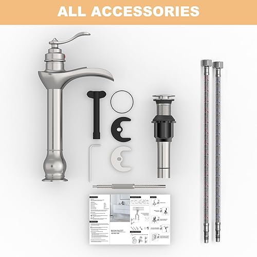 Miniatura 8 de BWE Grifo para fregadero de buque, cascada, níquel cepillado con montaje de drenaje desplegable y manguera de suministro de un solo mango, grifo de