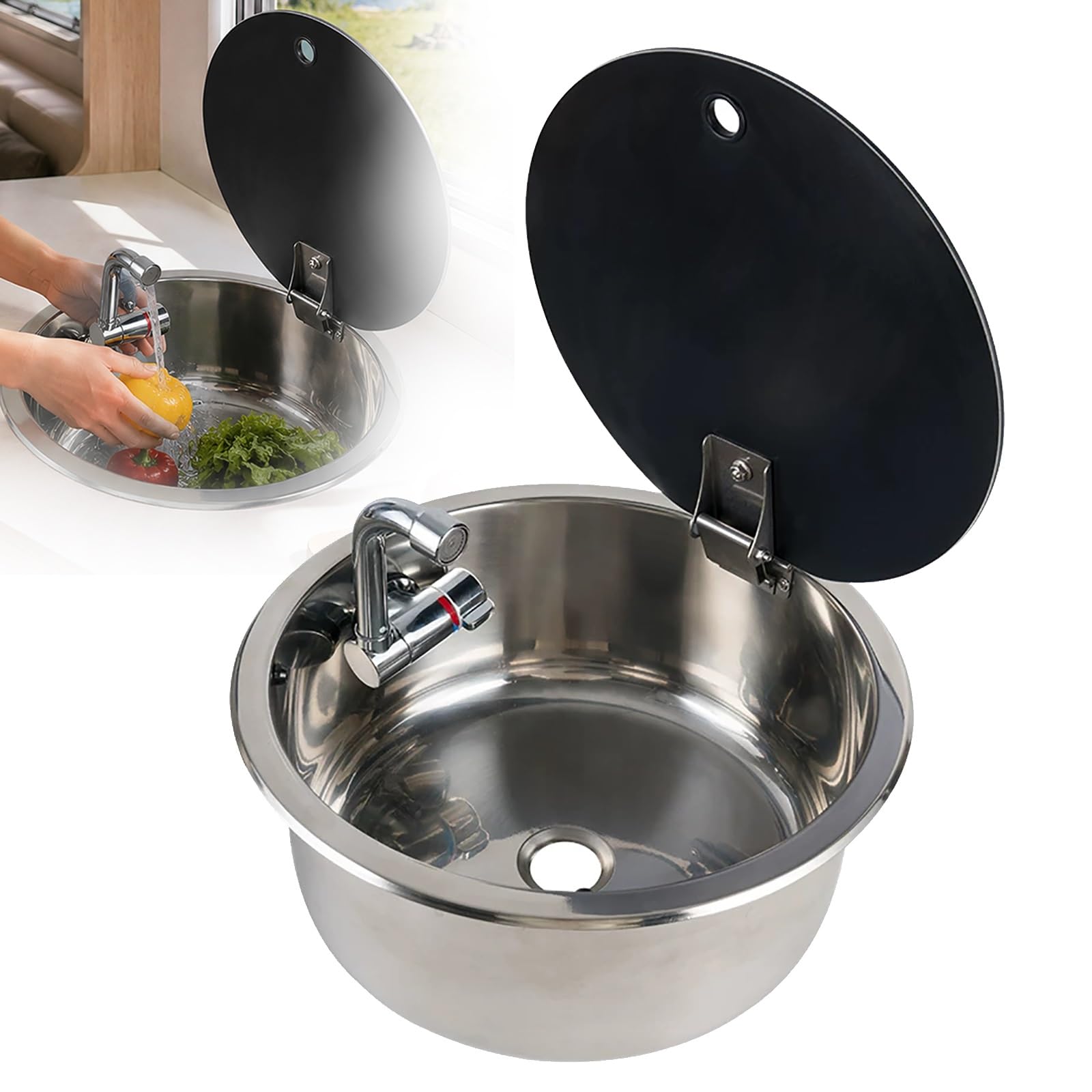 RV Kitchen Sink with Cold and Hot Faucet, Stainless Steel Camper Sink for Caravan Trailer and Boat