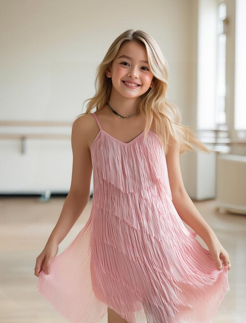 FYMNSI Vestido de baile latino para niñas, traje de baile de salón con cuello en V, lentejuelas brillantes con flecos, vestidos de baile