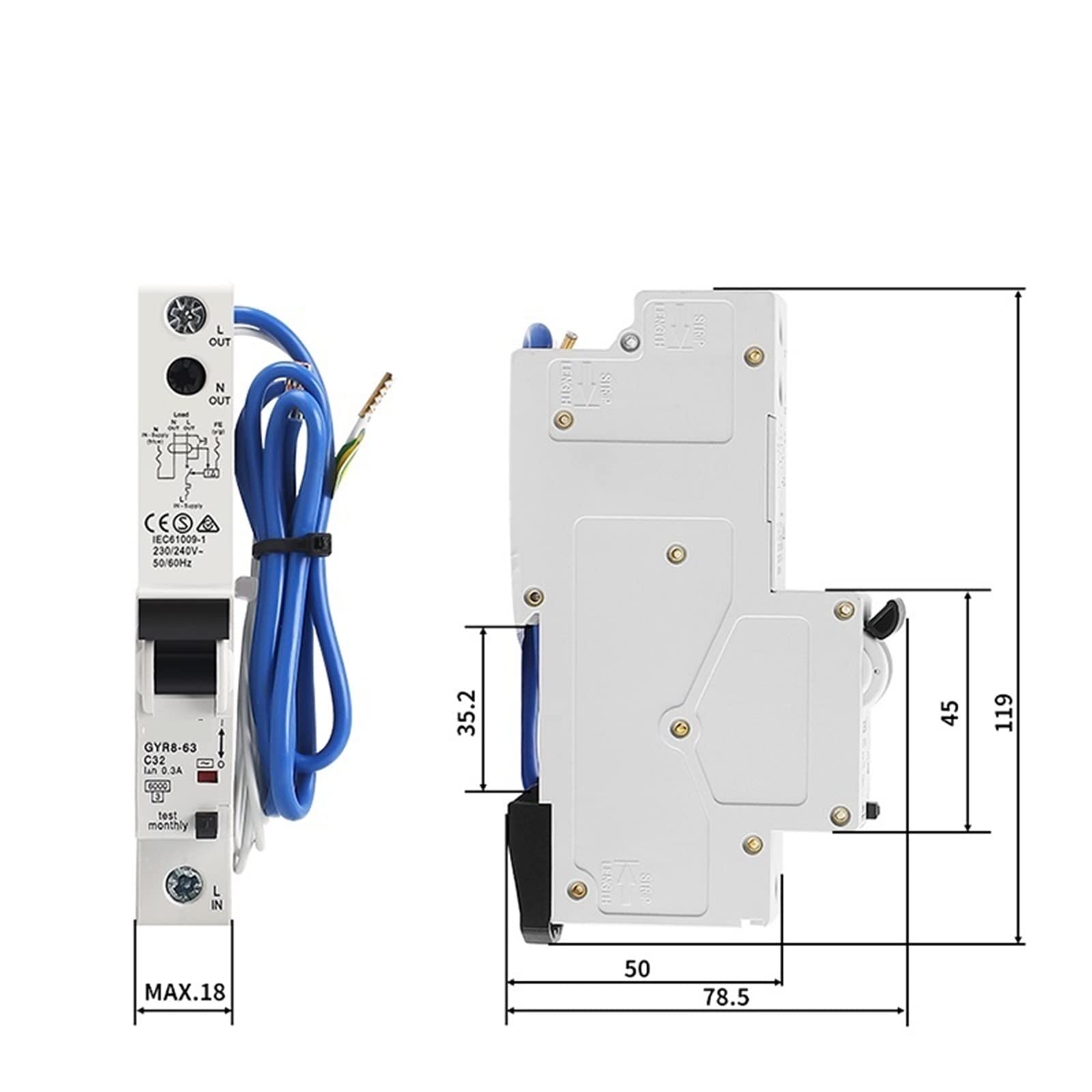 GYR8 Elektronischer RCBO-Schutzschalter, 18 mm, 230 V, 1P+N, 6 KA, Fehlerstromschutzschalter mit Überstromschutz, 32 A, 10 mA, 30, 1 Stück(32a,30mA)