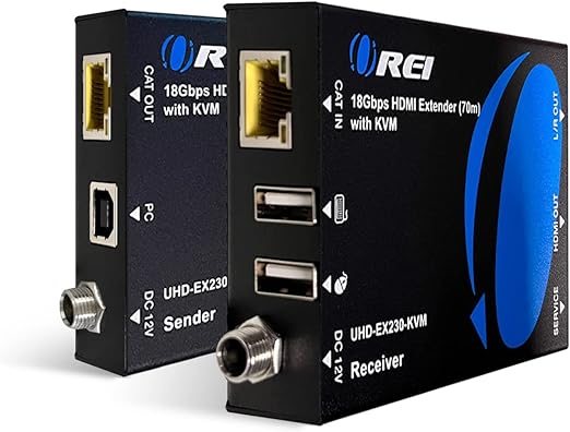 OREI KVM 4K HDMI Over Ethernet Extender Balun Over CAT6/7 Cable 4K@60Hz Upto 230 Feet - 2 USB 1.1 Ports, Supports Keyboard and Mouse USB HDMI Loop Out, Power Over Cable