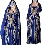 Abaya Dress for Women Muslim Dubai Sadui Moroccan Kaftan Fancy Abaya Cocktail Dress Women Kaftan Long Wedding Party Dress (US, Alpha, 5X-Large, Regular, Regular, Blue)