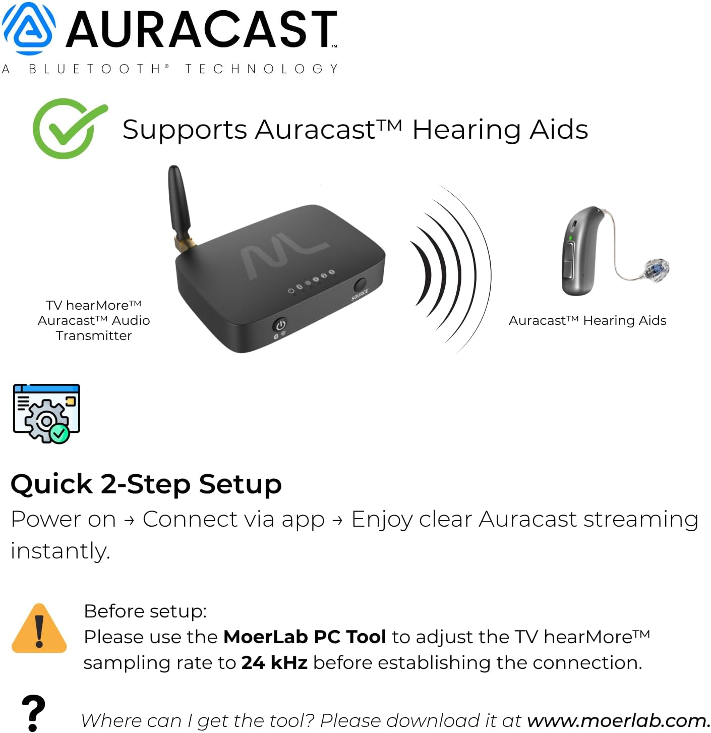 Diagram showing Moerlab Auracast Audio Transmitters daisy-chained for medium venue coverage