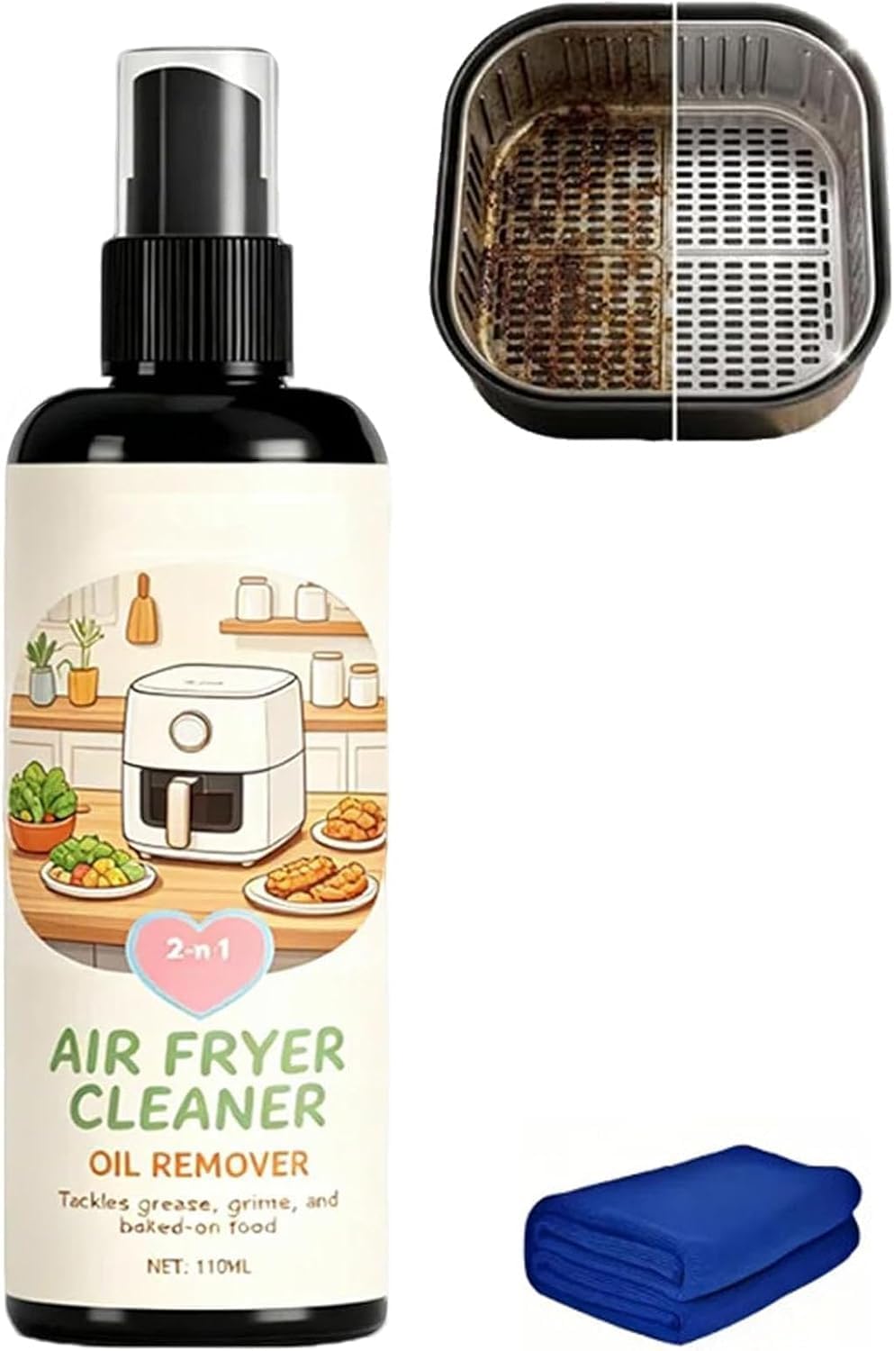 2-in-1 air fryer cleaner & degreaser spray | foaming grease & oil remover with cleaning towel | fast-acting kitchen cleaner for air fryer, oven racks, trays & cooking surfaces
