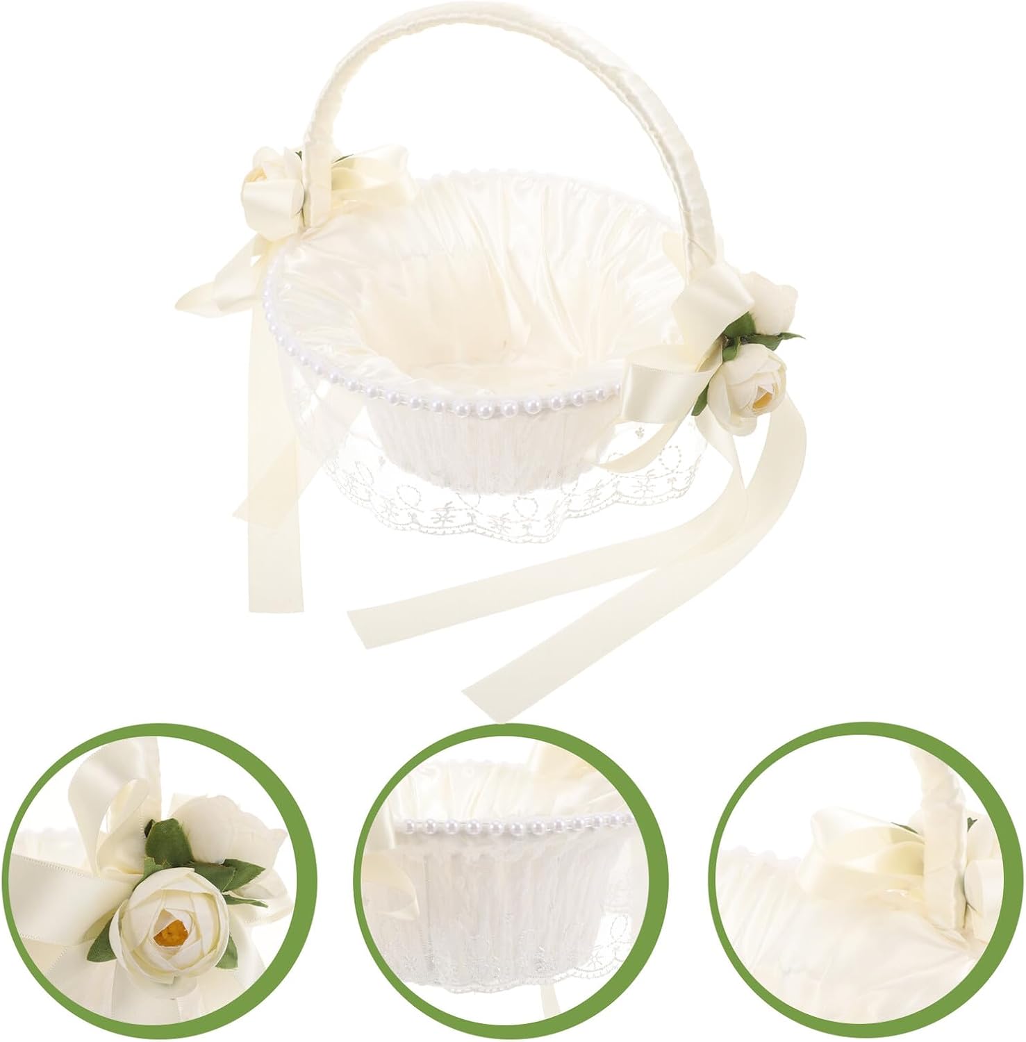 PRETYZOOM Handheld Wedding Basket with Bowknot White Artificial Rose Flower Girl Basket Portable Ceremony Supply for Weddings and Parties