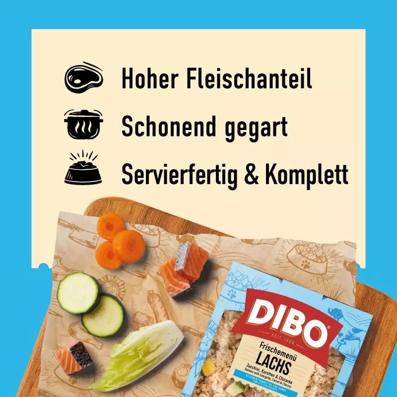 DIBO Frischemenü Lachs 18kg (45 x 400g) - Tiefgekühltes Komplettmenü mit Lachs, Reis & Gemüse – Omega‑3‑reiches Hundefutter - Sous‑Vide gegart