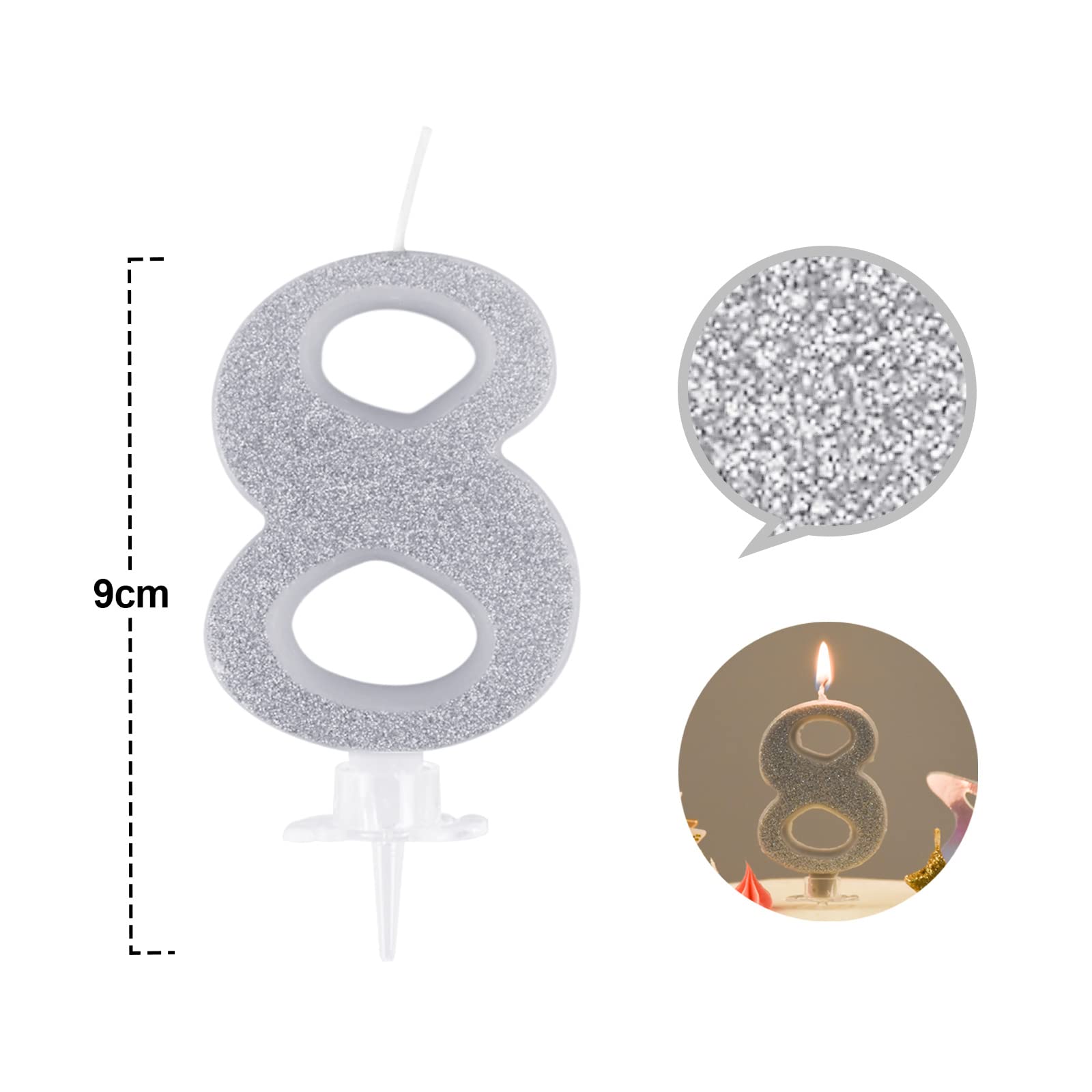Amazon.com: UVTQSSP 3.54 英吋(約9.4 公分)生日蠟燭特殊銀色閃光數字蠟燭生日快樂蠟蛋糕裝飾適合慶祝兒童成人生日派對數字8  : 其他產品