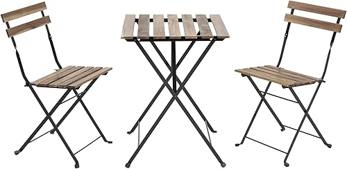 Juego de 3 piezas de muebles de exterior, 2 sillas plegables y marcos de acero y madera resistente a la intemperie, diseño portátil para bistró y