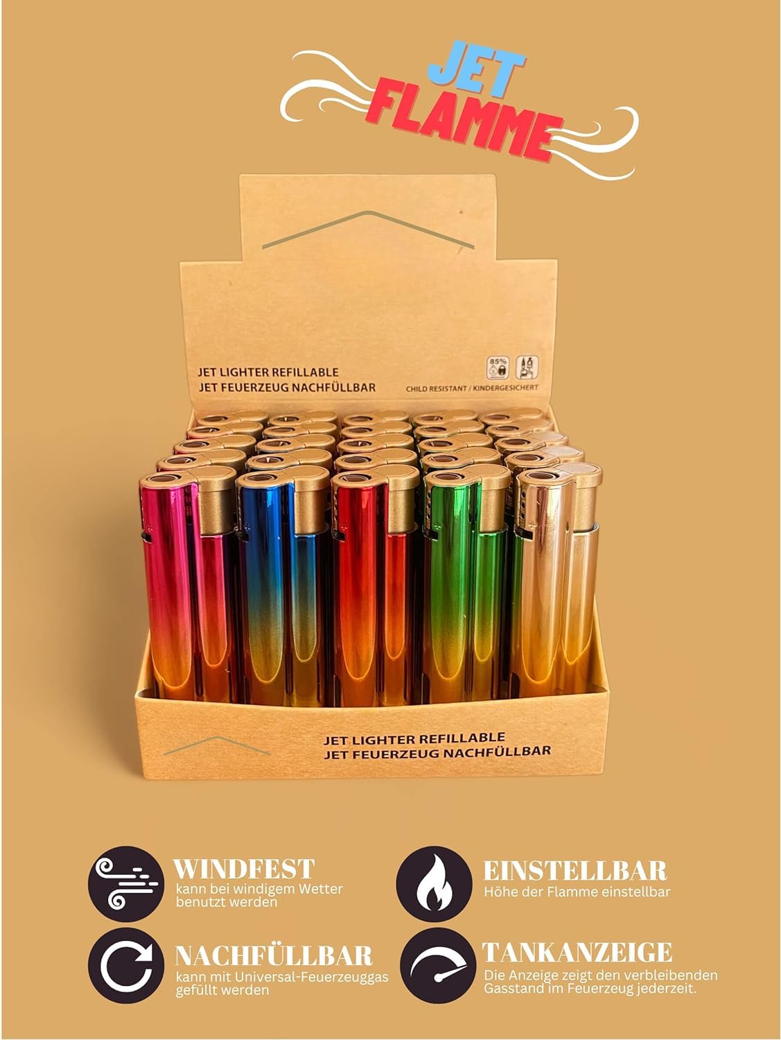 Clearfee Jet Flamme Sturmfeuerzeug | Windfest, Witterungsfest | Nachfüllbar | Elegant Gold Metallic Farben | Elektronik Jet Turbo Flamme Feuerzeug (mit Personalisierung, 25)
