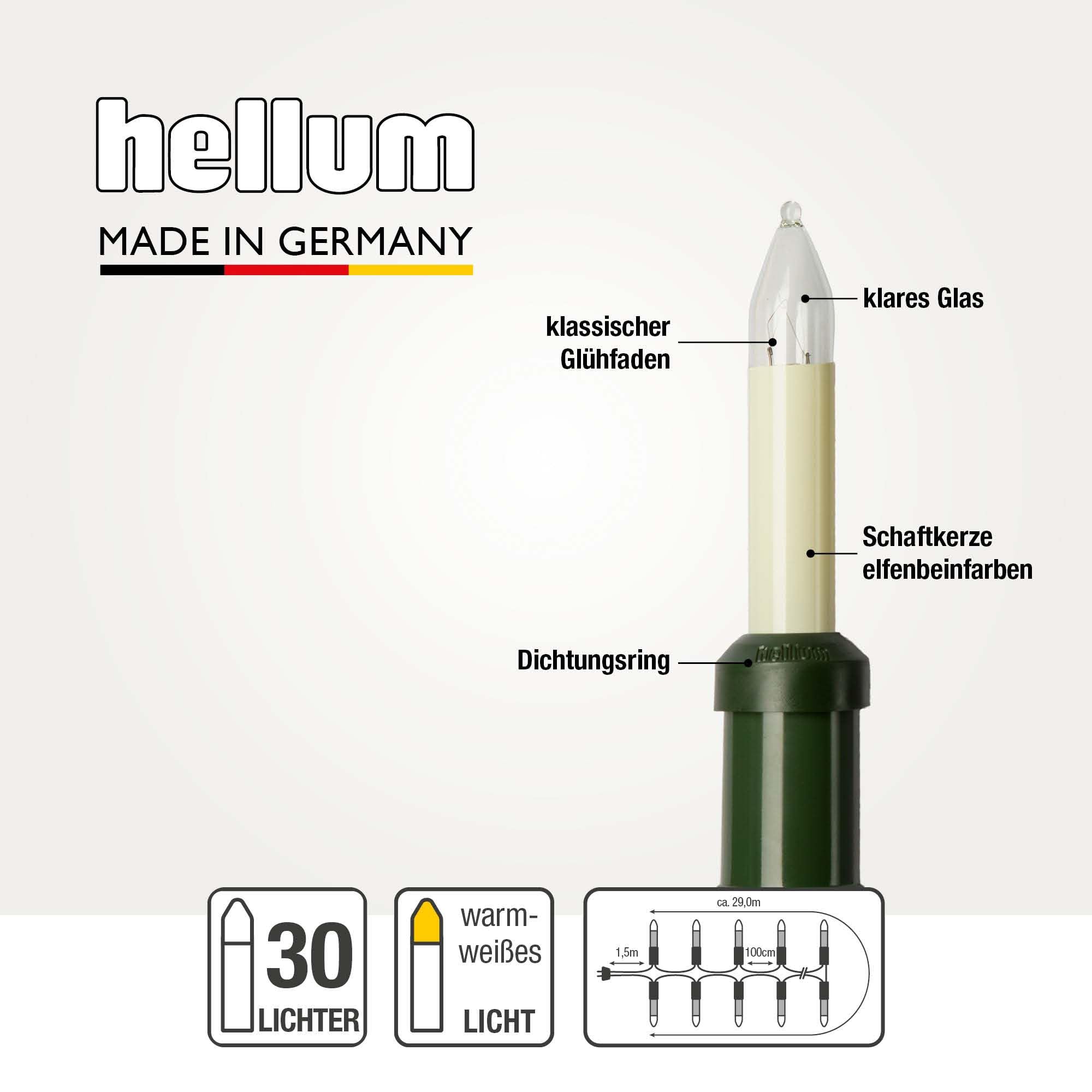 hellum Lichterkette Weihnachtsbaum außen mit 30 Kerzen, teilbarer Stecker | Made in Germany warmweiß, Christbaum Lichterkette mit Clip, 29m beleuchtet, Kabel schwarz für Weihnachtsbaum <59lm 846003