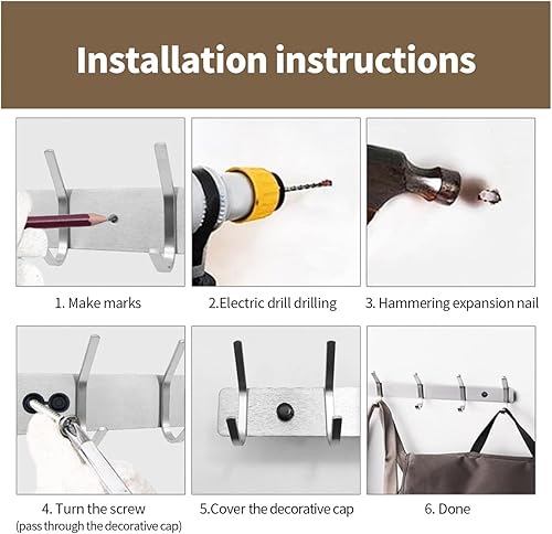 Miniatura 5 de Perchero de montaje en pared con 8 ganchos, riel de gancho de metal resistente para colgar ropa, chaquetas, sombreros, dormitorio, baño, cocina,