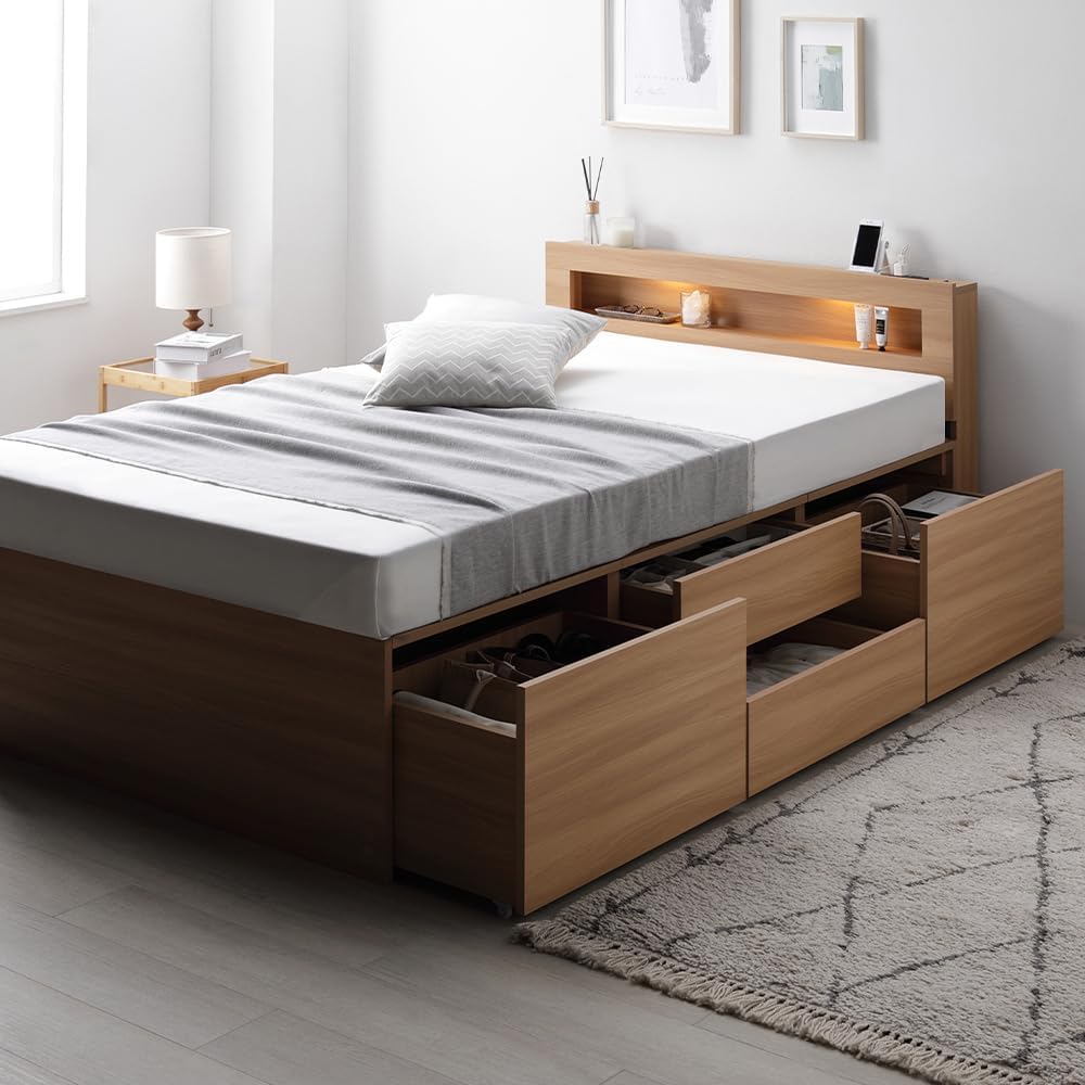 セミダブルベッド マットレス付き 国産ポケットコイル ローベッド 棚付