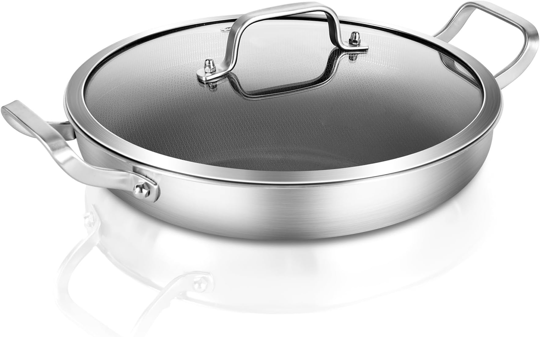 DELARLOWhole body Tri-Ply Stainless Steel Nonstick Frying Pan 12 inch With lid Oven safe induction Hybrid skillet kitchen Chef's pan