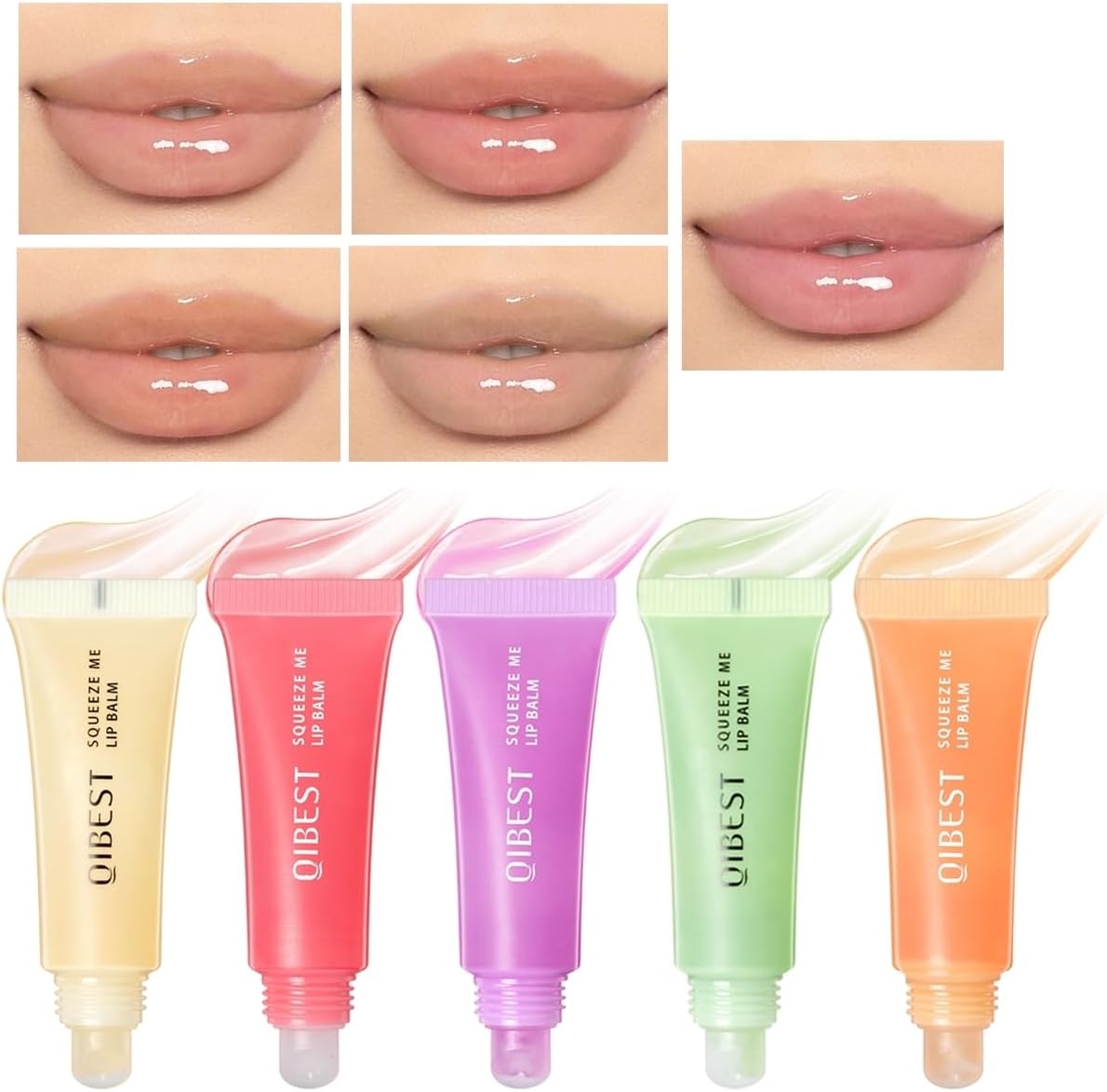 Crystal Jelly Lip Gloss 5pcs Fruit Lip Oil Set Moisturizing Lip Balm Long Lasting Moisturising Liquid Lipstick Makeup Gift Set for Women (Set B)