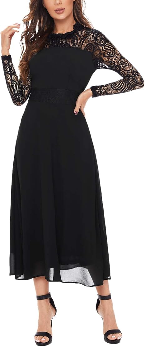 Amazon Co Jp Romwe レディース ワンピース ロング パーティードレス マキシ丈 レース Aライン フレア ブラック フィット おしゃれ シンプル スタイリッシュ 春夏 Xlサイズ Lサイズ 服 ファッション小物