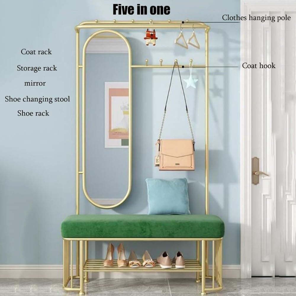 Arbre d'entrée industriel avec crochets amovibles, miroir et banc – Porte-manteau réglable avec étagère de rangement 80/100 cm (80 x 37 x 180 cm) pour entrée