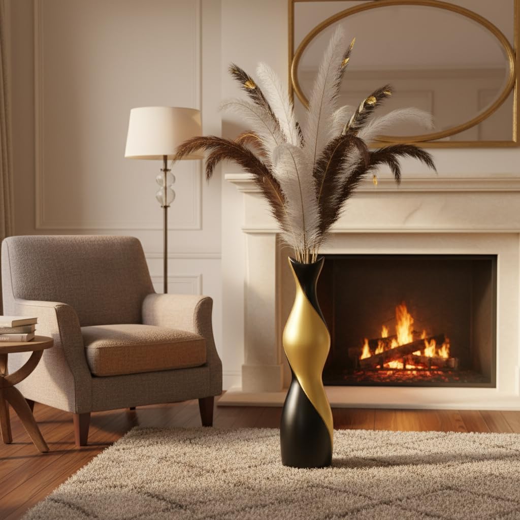 Tall Floor Vase - Matte Black & Gold Tall Decorative Vase, 24 Inch Modern Vase for Pampas Grass, Feathers, Dried Flowers, Home Decor Centerpiece for Living Room, Entryway, Bedroom - Floor Resin