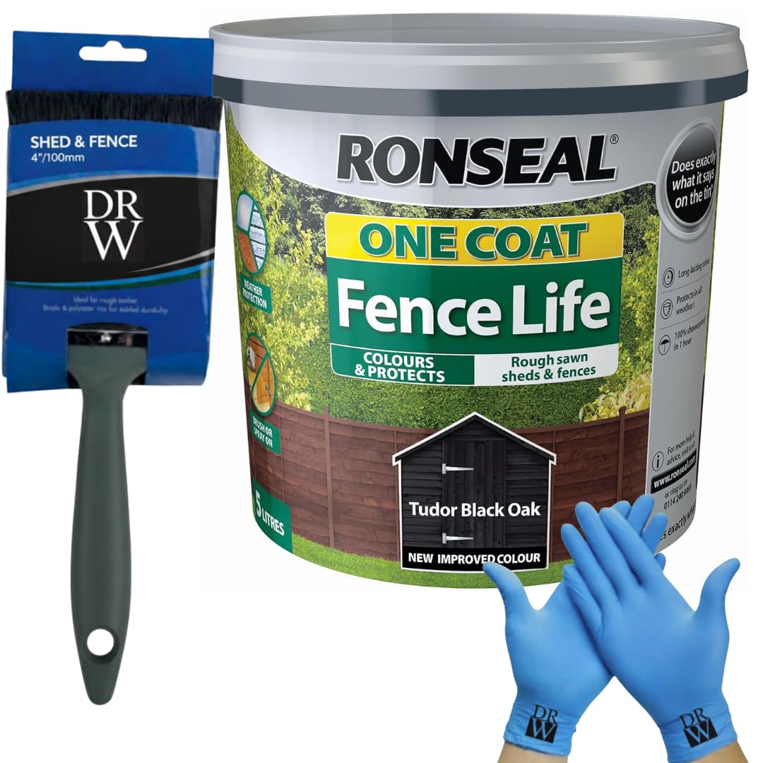 Ronseal One Coat Shed & Fence Protector 5L Tudor Black + Free 4" Fence Paint Brush & Nitrile Gloves | Long-Lasting Weatherproof Wood Protection | One Coat Formula for Sheds, Fences & Timber