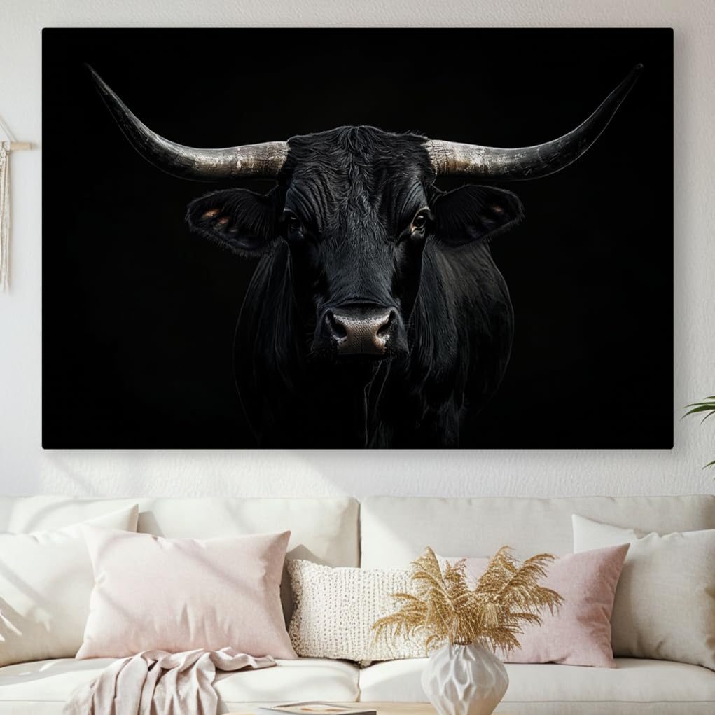 Texas Longhorn Cow Canvas Wall Art - Bull Print Home Decor - Barnhouse Wall Art - Farmhouse and Wild West Small to Extra Large Prints (The Midnight Horns, 16"L x 24"W)