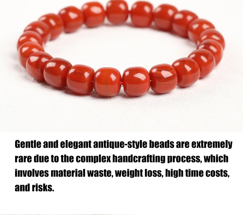 Bracciale Elasticizzato LaoXingZhu in Agata Nanhong - Perline di Agata Rossa Cachi 8x9 mm (Circa 21 Perline) - Bracciale Rigido Cinese in Agata Rossa Fatto a Mano
