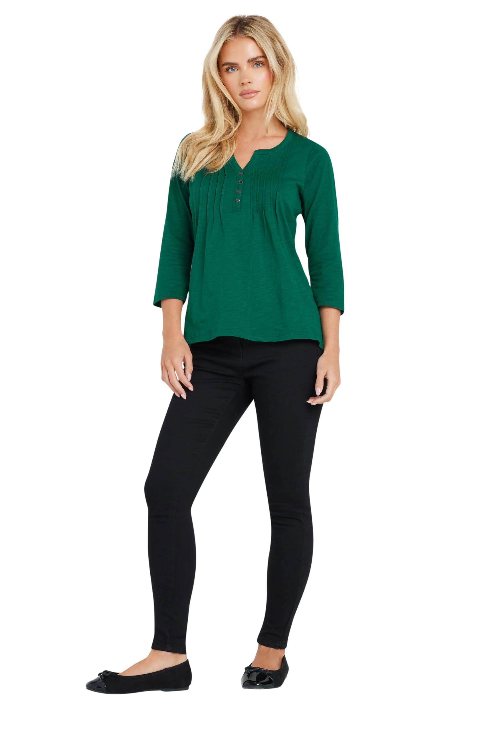 M&Co Petite Cotton Henley T-Shirt Green - 3/4 Sleeve Notch Neck