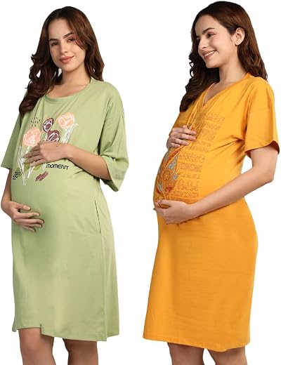 Duchess Combo Mom T-Shirt Dress | Night Dress | Loose Fit | Pre and Post Pregnancy(Pack of 2)