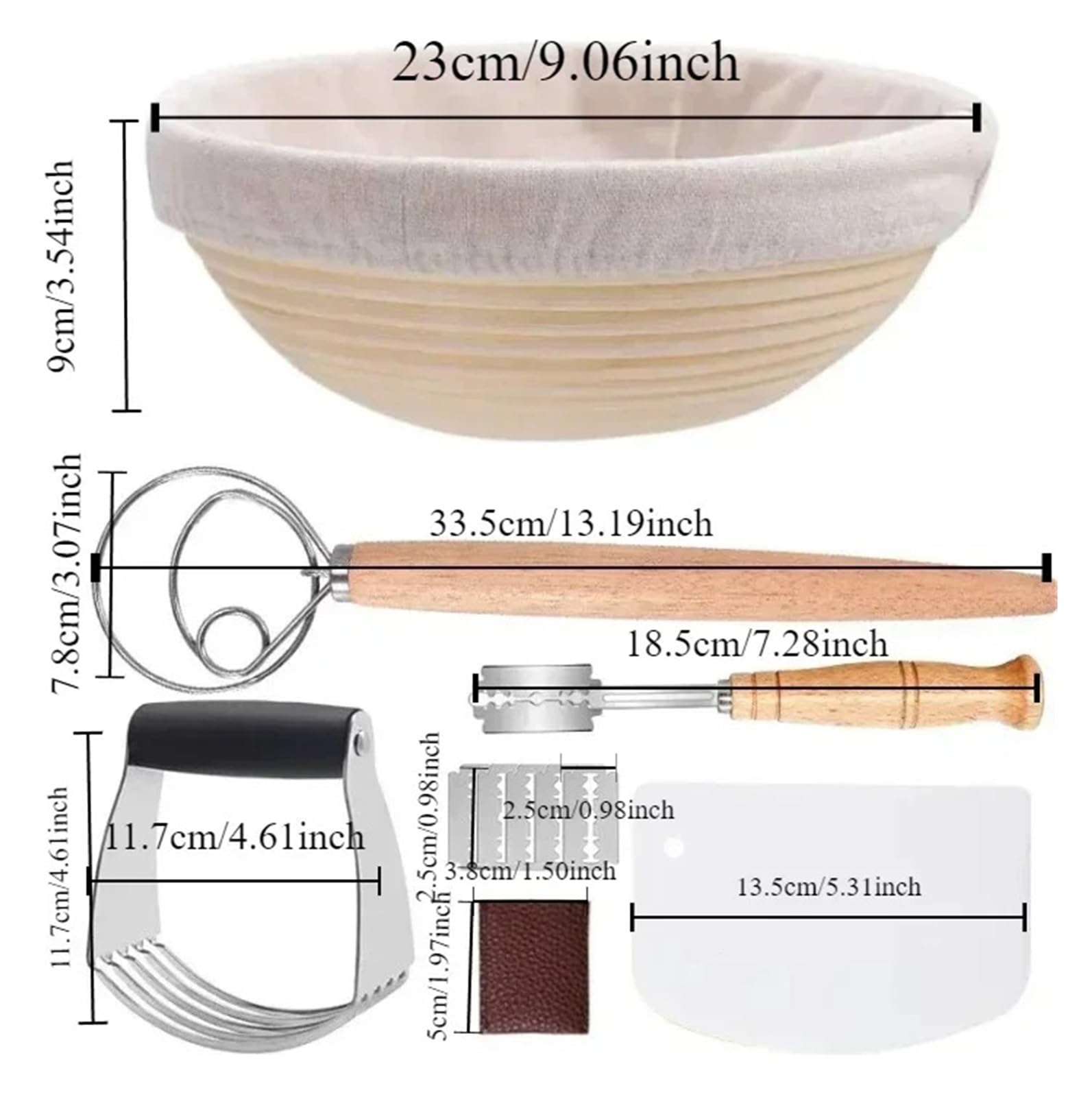 Banneton Pour Pain Kit de démarrage Ensemble de paniers de fermentation Panier de fermentation rond Grattoir Mélangeur de cuisson, coupeur, batteur Pour Pain(12 pieces)