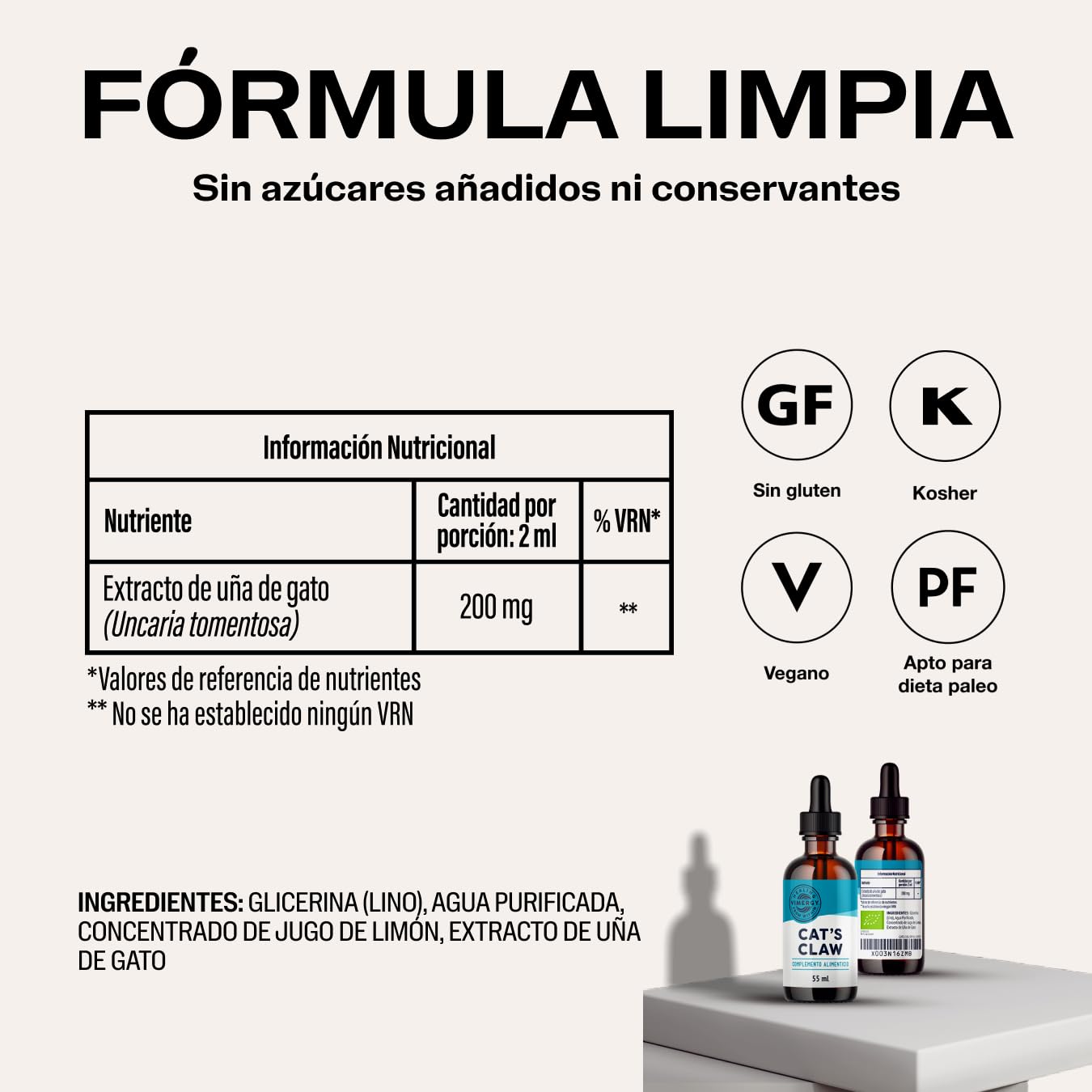 Vimergy Cat’s Claw – 55 ml, 27 Dosis – Uña de Gato Gotas – Extracto de Uña de Gato Líquido con Glicerina – Suplemento Vegano – Formulado sin Azucares o Aglutinantes – Sin OMG ni Gluten