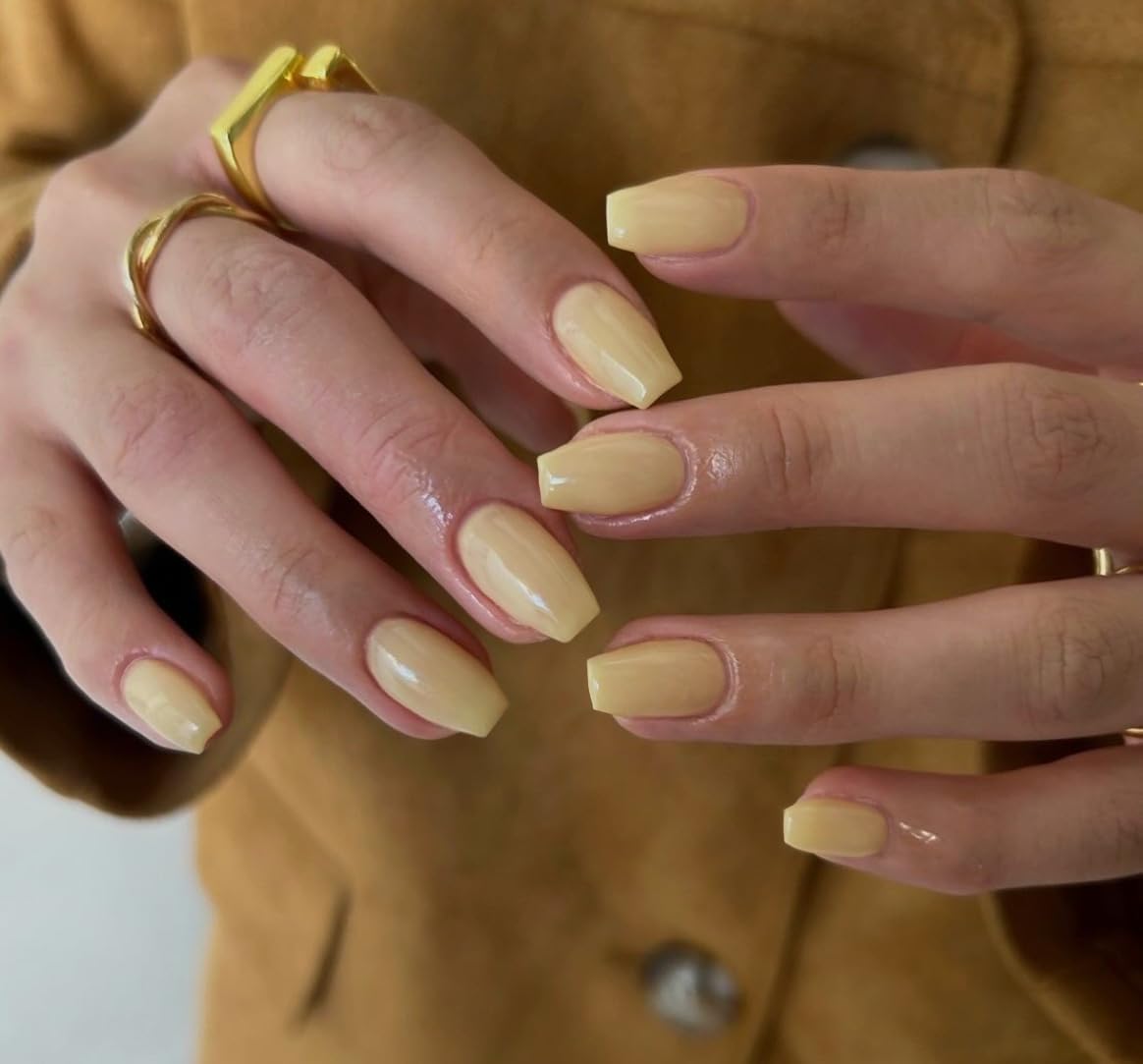 KQueenest Pastel Yellow Press on Nails Short Medium Coffin, Beige False Nails Short Ballerina