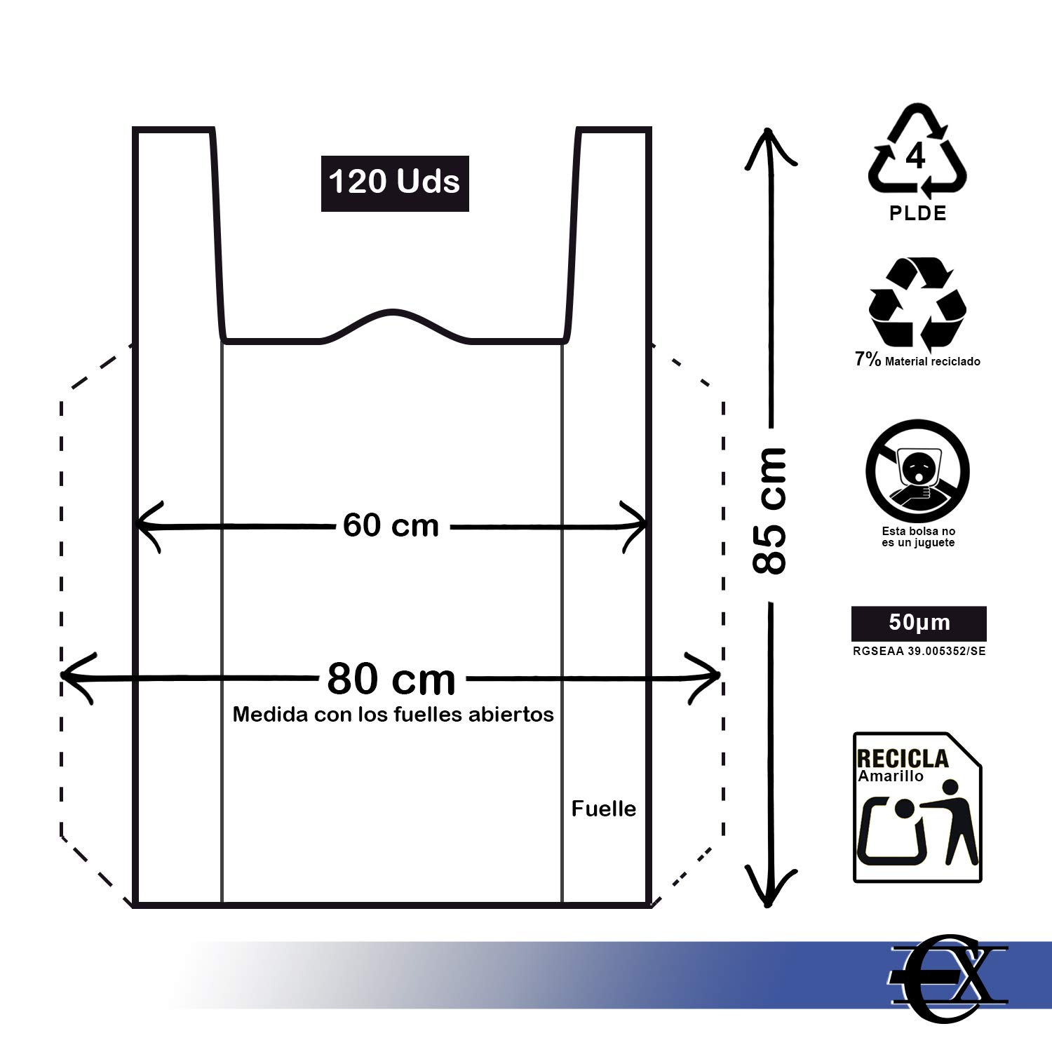 EUROXANTY Bolsas de Plástico Tipo Camiseta | Alta resistencia | Reutilizables y Reciclables | Material Polietileno de Alta Densidad | Con Asas (Blanco, 80 x 85-120 uds)
