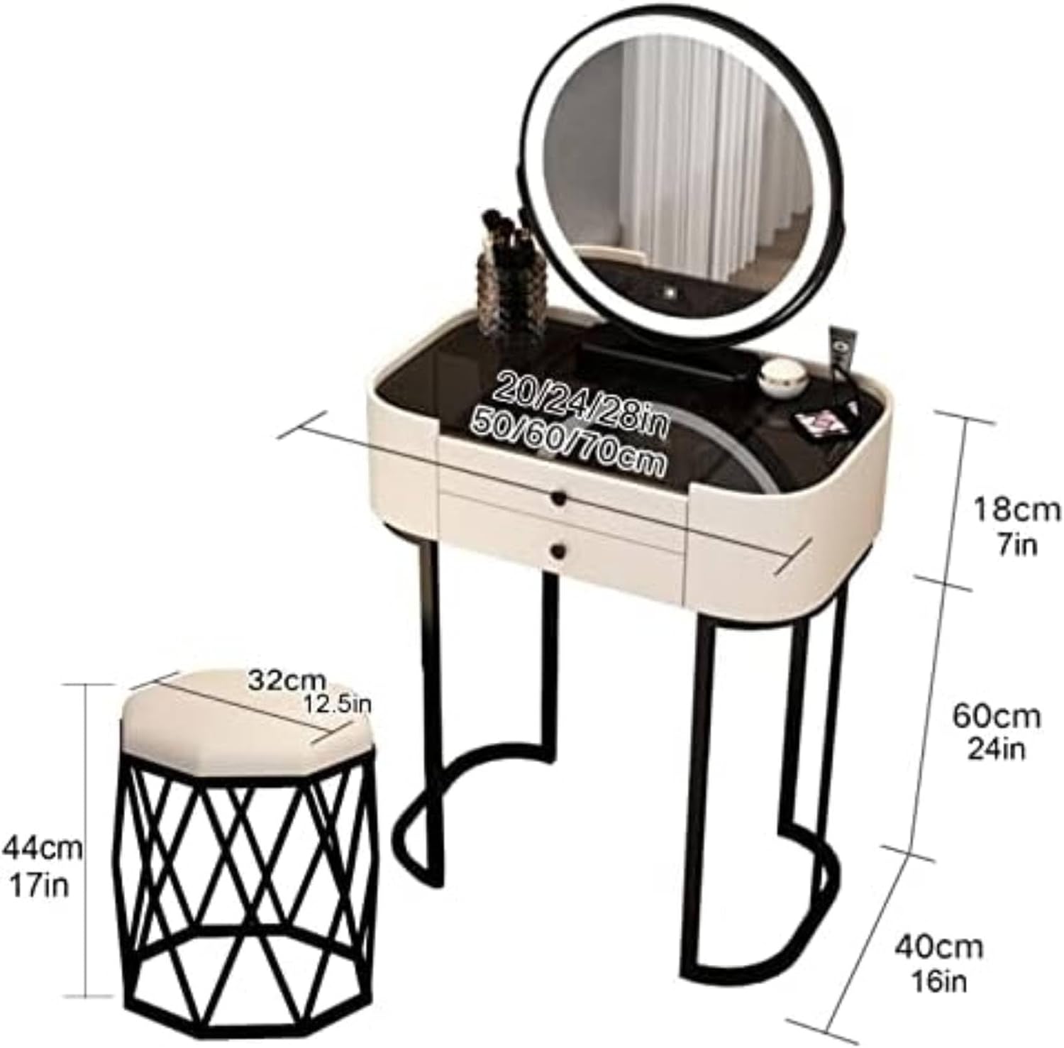 LED Lighted Dressing Table Set with Flip-Top Mirror & Rolling Stool Makeup Vanity Desk for Bedroom Stylish Makeup Station with Cushioned Seat image 5