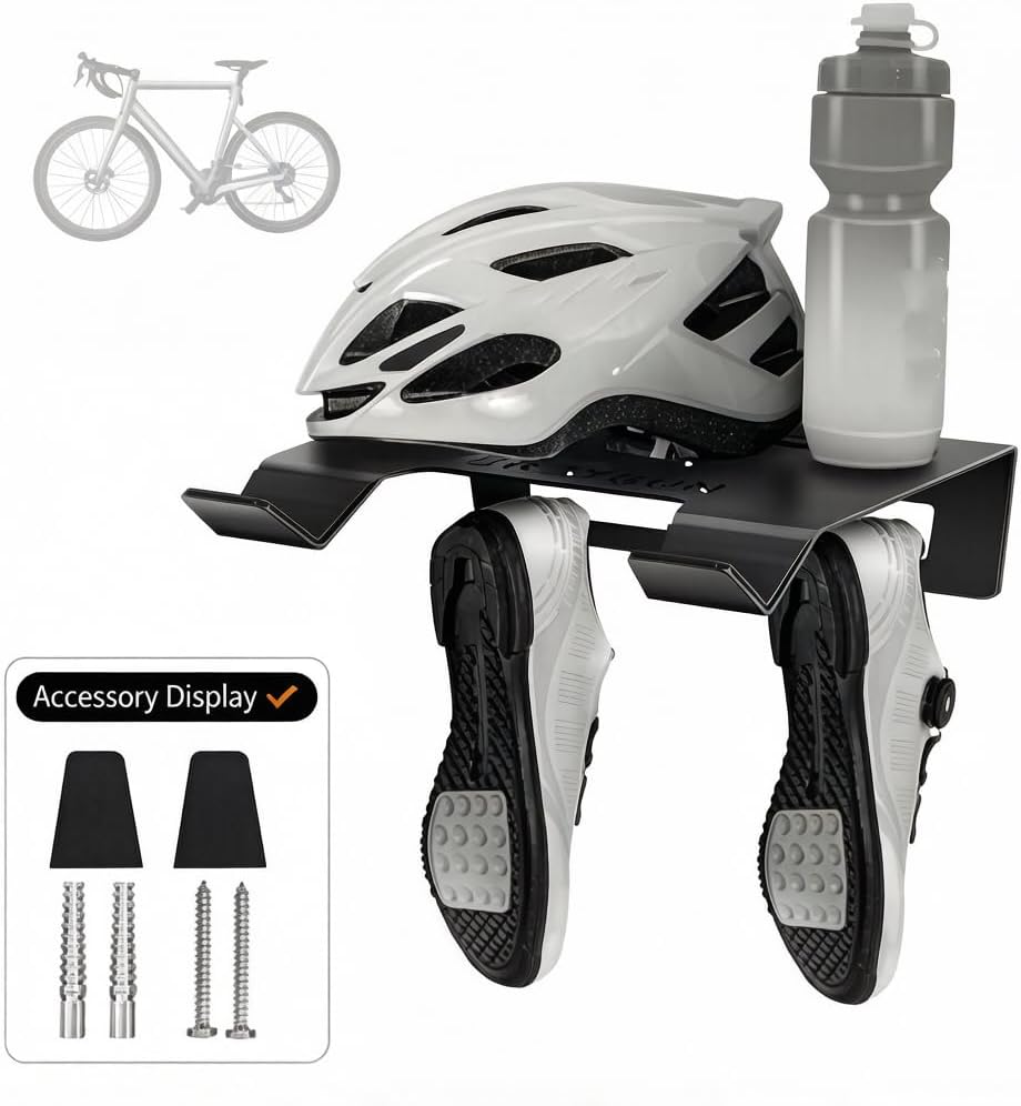 Wall Mount Bike Organizer Carbon Steel Tray and Hook for Helmet and Cycling Shoes for Garage Indoor Matte Black