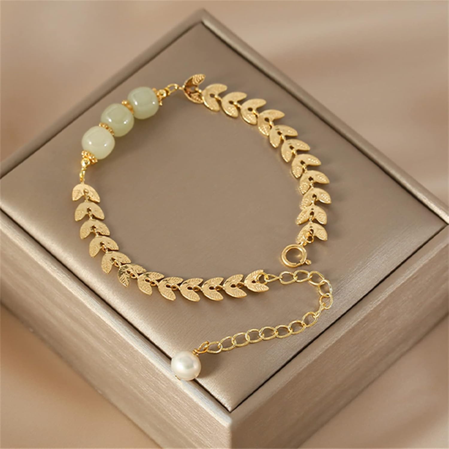 Natural Hetian Jade & Pearl Necklace Bracelet Adjustable Jewwlry Chain for Women, Gold Wheat-ear Beads Charm Pendant Jewelry Gift for Mom Lover Her - Image 4