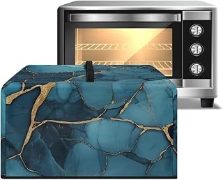 Blue Gold Marble Pattern Microwave Oven Dust Cover Stain Resistant Shield for Countertop Appliances Washable Machine Protector Decorative with Top Handle-S