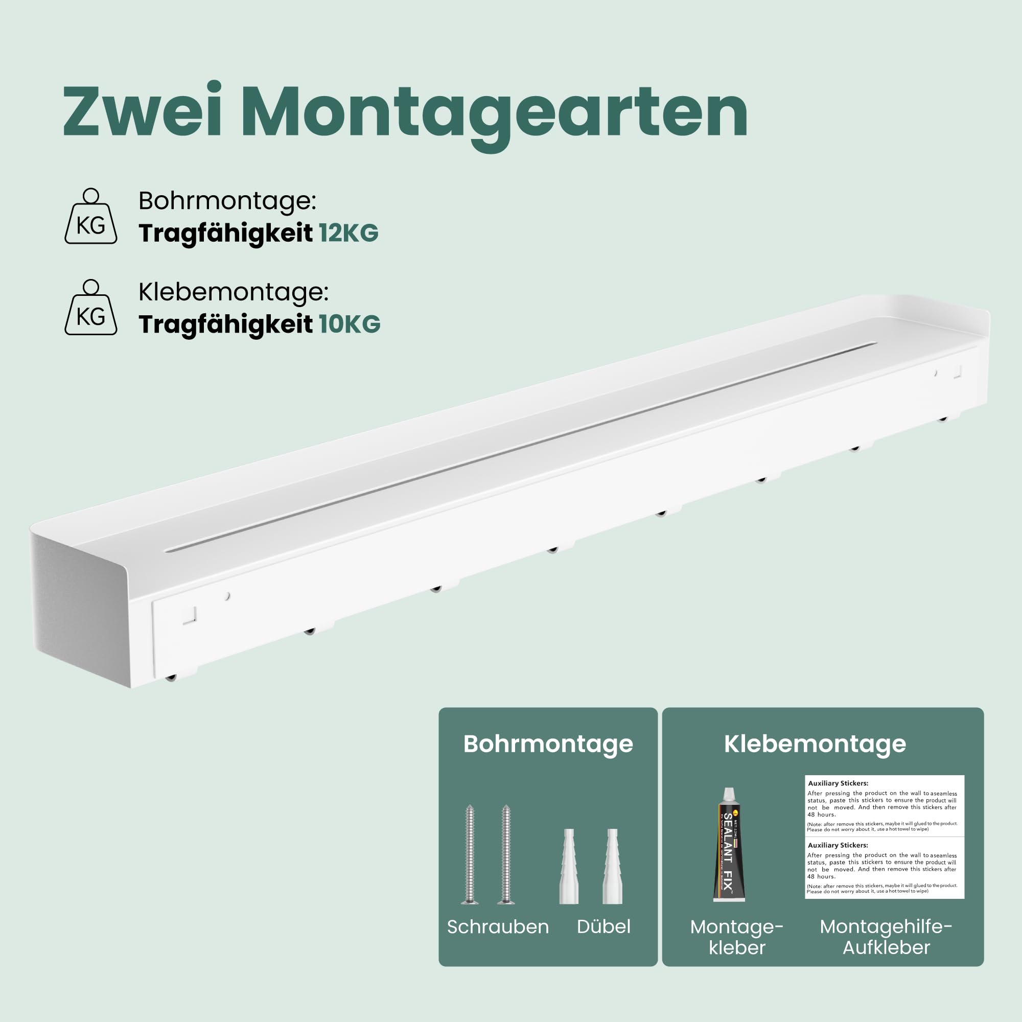 Mai & Mai Wandgarderobe mit Ablage und 6 Haken, Garderobenleiste 60 cm zur Wandmontage, Kleiderhaken für Flur, Badezimmer oder Küche, multifunktionale Garderobe, Sandweiß Reglo-05