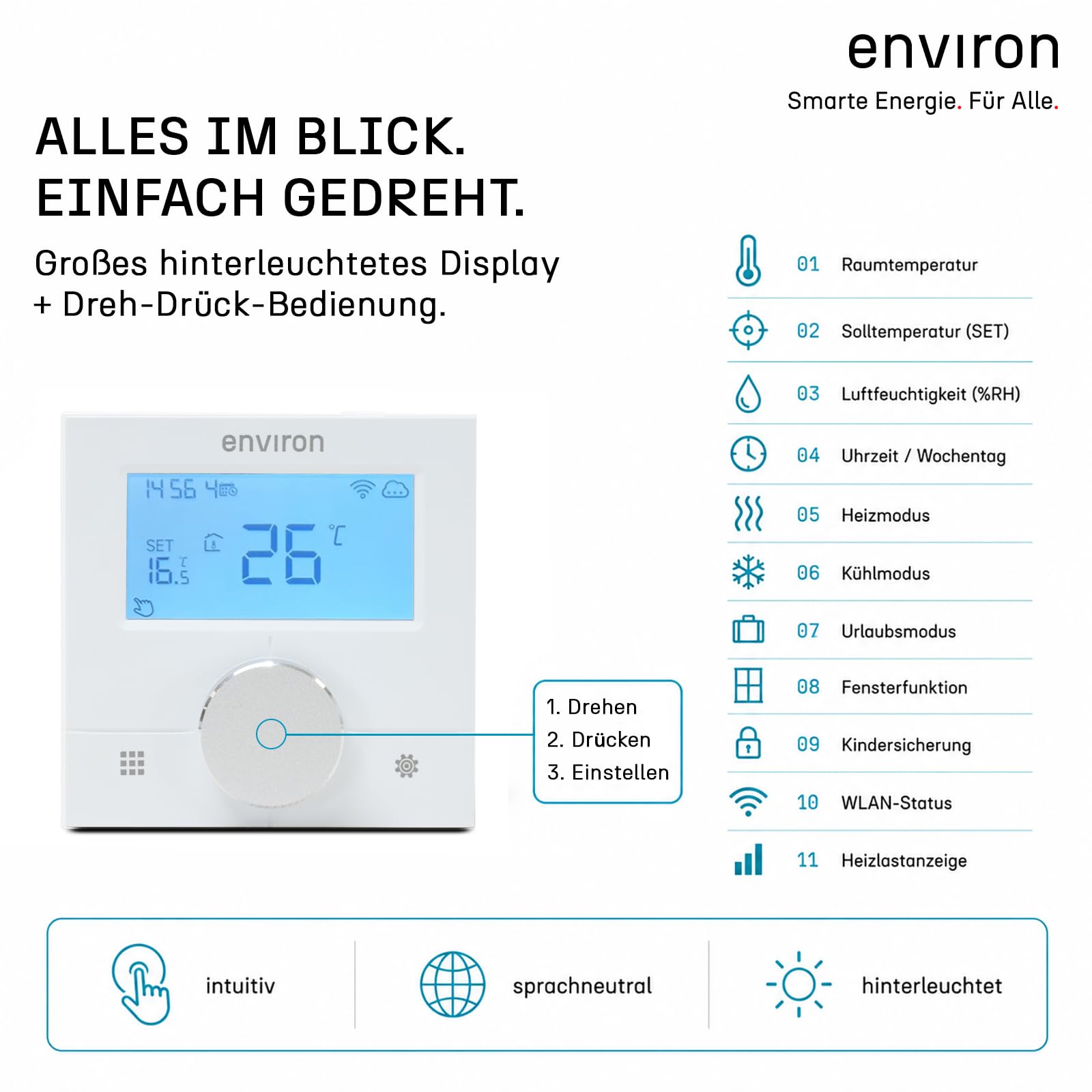 ENVIRON® Thermostat fußbodenheizung ENRTH3 - Digital mit WLAN und App-Steuerung | Kompatibel mit Alexa, Tuya, Smart Life APP | Intelligent Heizen & Kühlen | Raumthermostat