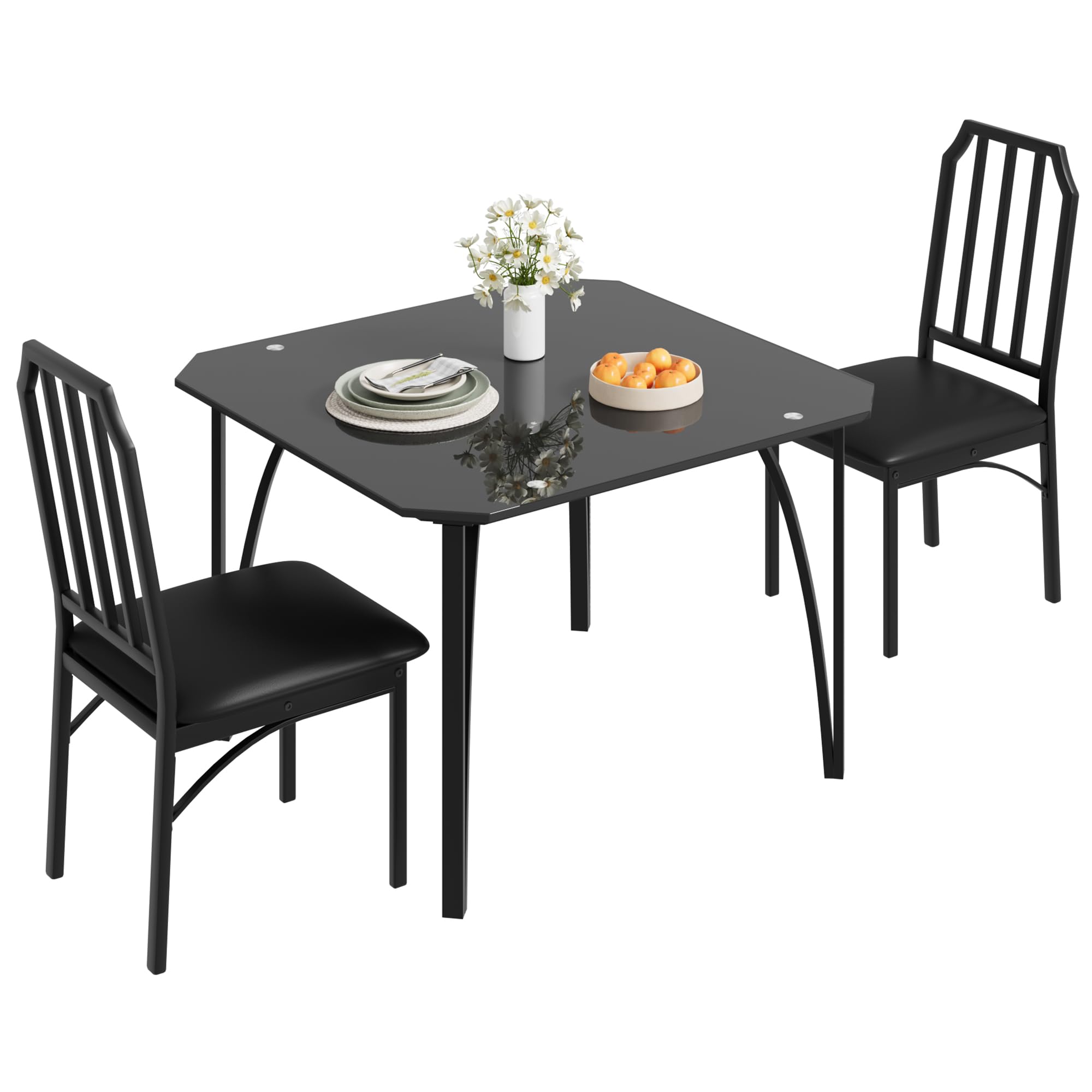 AffinityFurn 3 Piece Modern Black Glass Dining Table and Chair Set, Upholstered PU Cushion Chairs, Sturdy Metal Frame, Space Saving Design, Ideal for Small Spaces, Apartments, or Dining Room