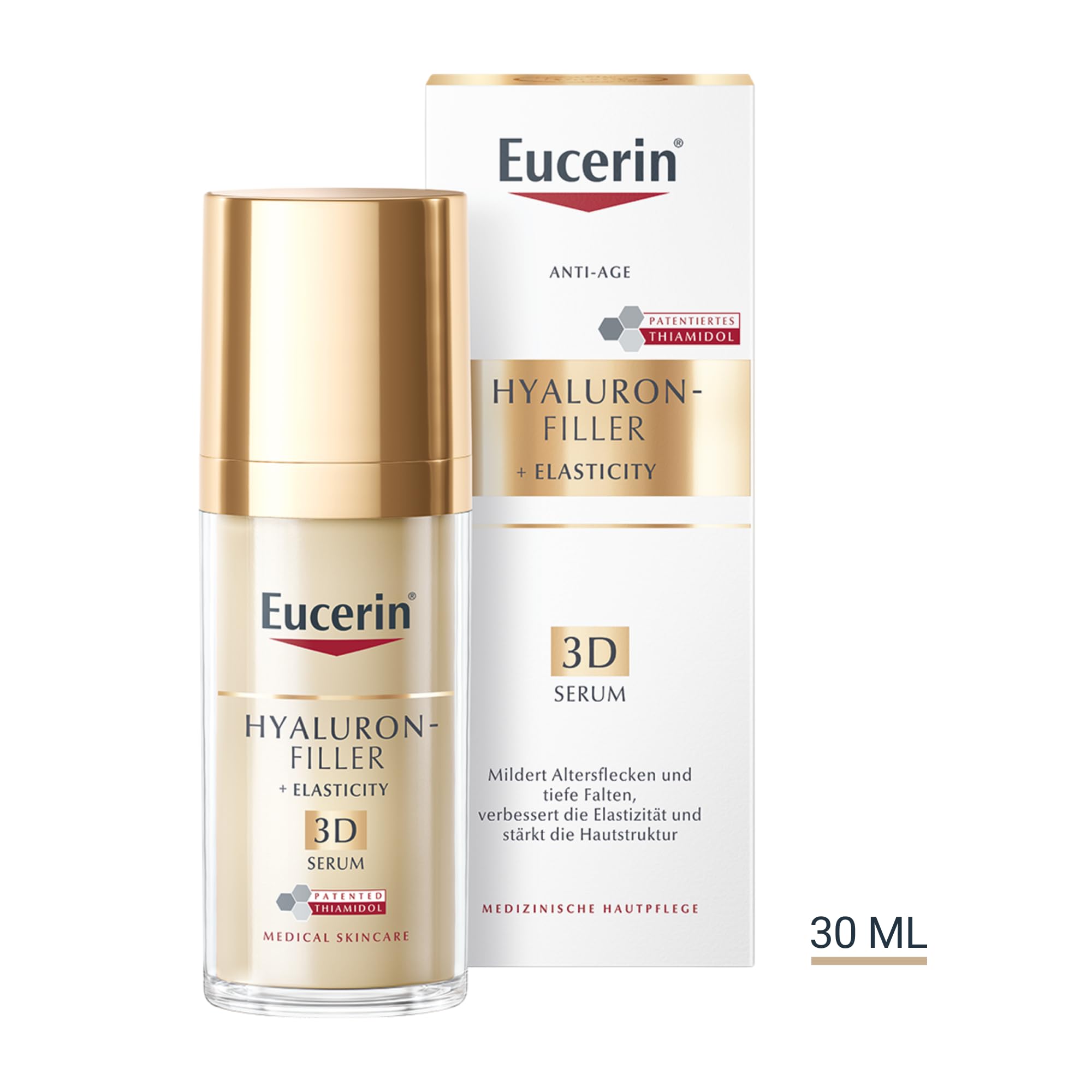 Eucerin Hyaluron-Filler + Elasticity 3D Serum 30 ml, Anti Aging Pflege | Gesichtsserum reduziert Pigmentflecken & tiefe Falten, verbessert die Hautelastizität, mit Hyaluronsäure & Thiamidol